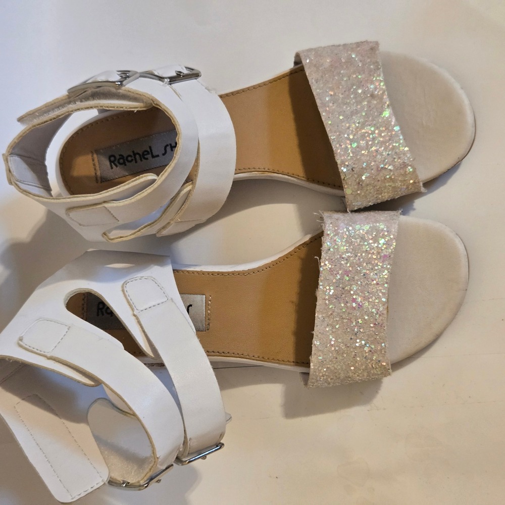 Rachel Shoes Girls White Glitter Block Heel Dress Sandals Size 2 Ankle Strap